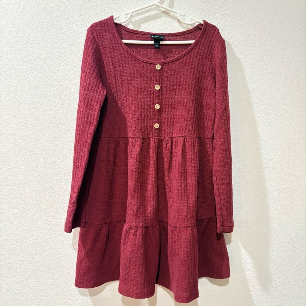 Art Class Girls Burgundy Waffle Knit Tiered Long Sleeve Dress - Size S (6/6X)